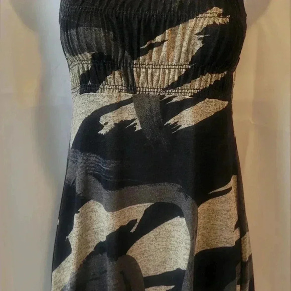 SIZE MEDIUM VINTAGE TAHERI Babydoll Dress Ruched Sleevless Racerback BLK/BRN/TAN - Picture 3 of 7